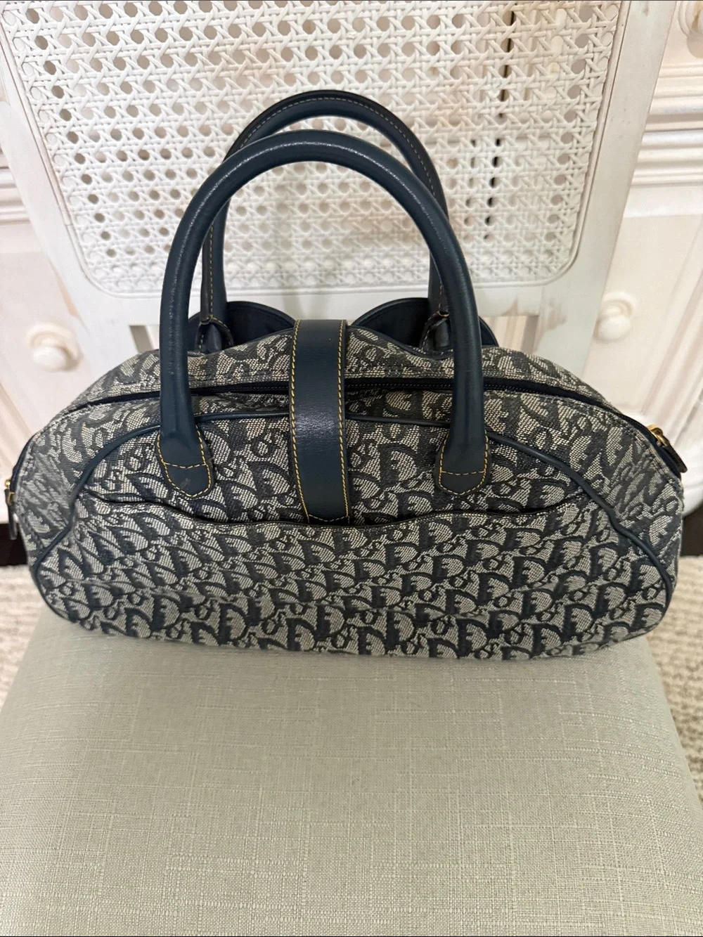 Dior Navy and Grey Jacquard Satchel with Gold 'D' Hardware